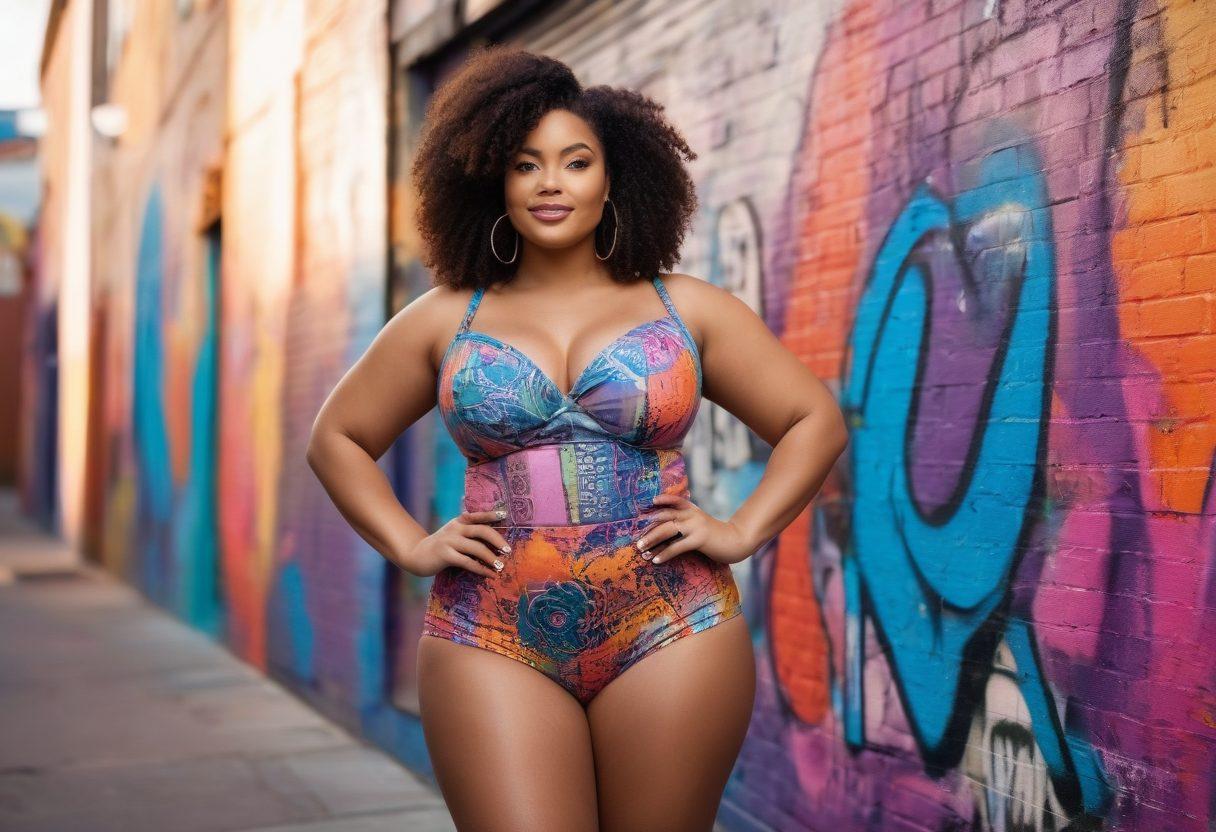 A confident, curvy model in a chic outfit poses playfully in a vibrant, urban setting, surrounded by colorful street art that celebrates body positivity. The background features empowering quotes about self-love and acceptance, while soft, warm lights illuminate the scene. The model's expression exudes joy and seduction, embracing their curves with grace. Capture the essence of body confidence with a stylish and energetic vibe. super-realistic. vibrant colors. urban art style.