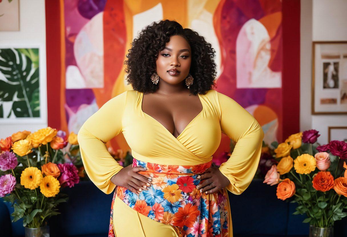 A confident, curvy woman posing gracefully in a sunlit room adorned with colorful flowers, embodying body positivity and self-love. She wears flowing, elegant clothing that accentuates her curves, complemented by soft, warm lighting that creates an inviting atmosphere. Surround her with empowering quotes about self-acceptance in stylish typography, enhancing the theme of celebration and seduction. vibrant colors. soft focus. modern illustration.